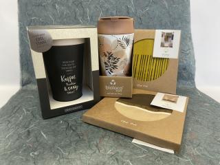 Kaffeebecher ThermoCup aus Edelstahl mit Spruch, PlantDeluxeCup, Geschirrtücher mit unterschiedlichen Motiven. 
