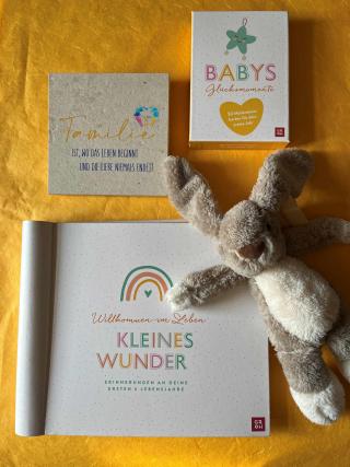 Erinnerungsalbum mit dem Titel Willkommen im Leben Kleines Wunder, Plüschhase, Bild aus Speckstein mit dem Titel Familie ist, wo das Leben beginnt und die Liebe niemals endet! Meilensteinkarten in der Box.