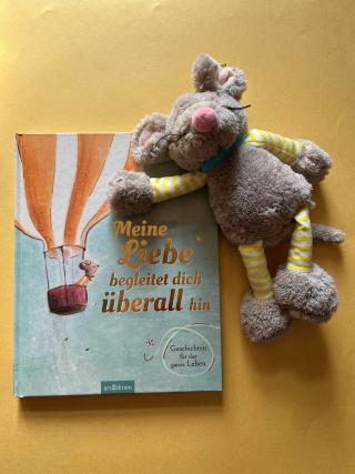 Plüschmaus, Buch mit dem Titel Meine Liebe begleitet dich überall hin.