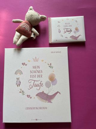 Erinnerungsalbum zur Taufe, Grußbüchlein zur Taufe, Stoffpuppe.