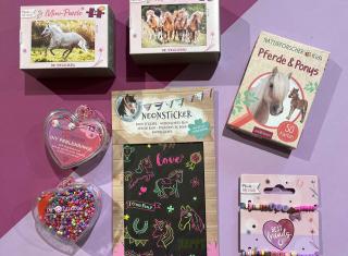 Mini-Puzzles, Pferde & Pony-Quizkarten, Neonsticker mit Pferdemotiven, bunte Perlenringe und Armbänder.
Führt zu weiteren Artikeln für Kinder.