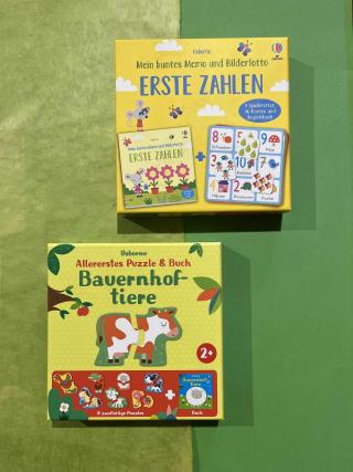 Spiel mit dem Titel Mein buntes Memo und Bilderlotto Erste Zahlen, Puzzle und Buch Bauernhoftiere für Kinder ab 2 Jahren