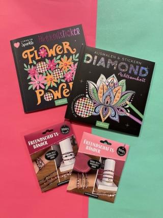 Kreativboxen Freundschaftsbänder, Kreativbuch Diamantsticker Flower Power, Ausmal- und Stickerbuch Diamond Achtsamkeit