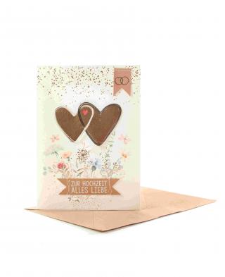 Hochzeitsblumenkarte mit Herzen, Blumen und dem Spruch 