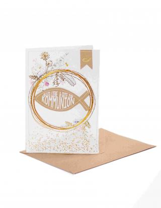Kommunionsblumenkarte mit Fisch und der Aufschrift 