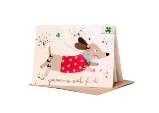 Hampeltierkarte aus hand-geschöpftem, farbigen Papier mit Hund, der seine Beinchen bewegen kann.