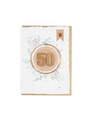 Grußkarte mit feinem Papier, Draht und der Zahl 50.