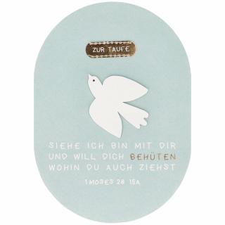 Glückwunschkarte zur Taufe mit Taube auf blauem Hintergrund und der Aufschrift 