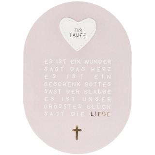 Glückwunschkarte zur Taufe mit kleinem Herz auf rosa Hintergrund und der Aufschrift 