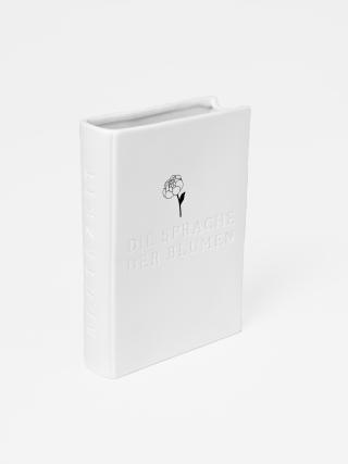 Keramik-Vase in Form eines Buches mit Blüte auf der Vorderseite und der Aufschrift 