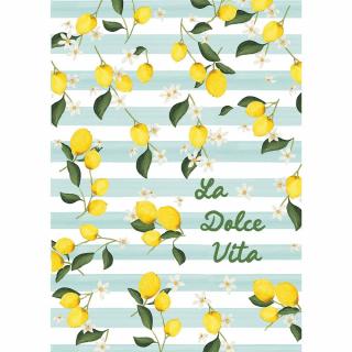 Geschirrtuch gestreift in Zitronen-, Blüten- und Blätterdesign und mit dem Aufdruck La Dolce Vita.