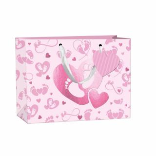 Tragetasche in Rosa mit Babyfüßen und Herzen. 