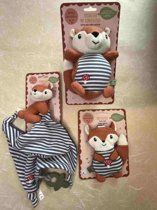 Gestreiftes Schnullertuch mit kleinem Fuchs; Kuscheltierfuchs mit Schuffeltuch; Knistertuch in Form eines Fuchses